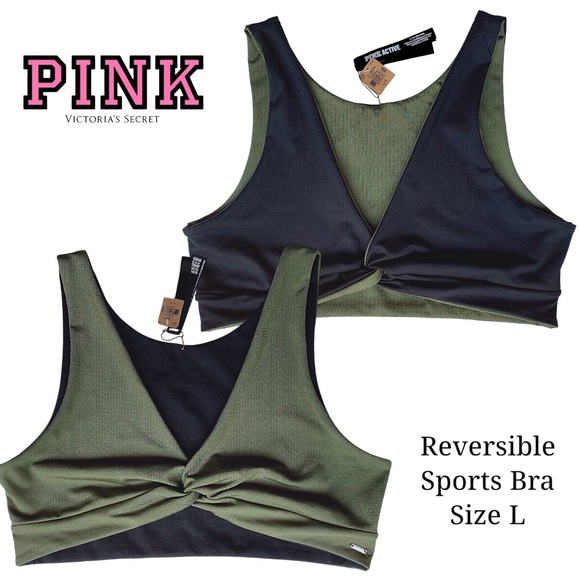 PINK Victoria's Secret Other - _ NWT VS PINK ACTIVE REVERSIBLE black & olive green sports bra - Size L